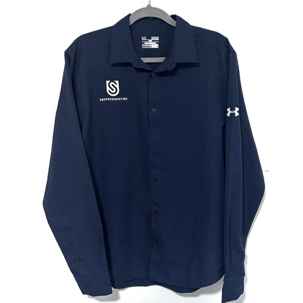 US Speedskating Under Armour Button Up Shirt Navy Blue Long Sleeve Men’s Medium